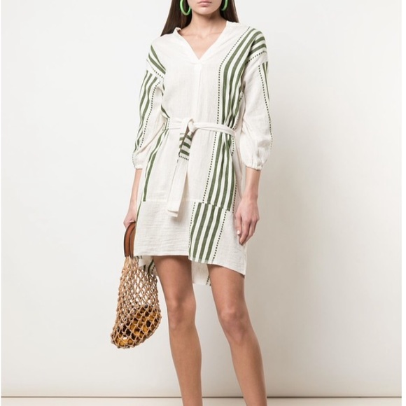 Lemlem Dresses & Skirts - LemLem Eshe Beach Dress Womens Small Green Ivory Gauze Belted Casual